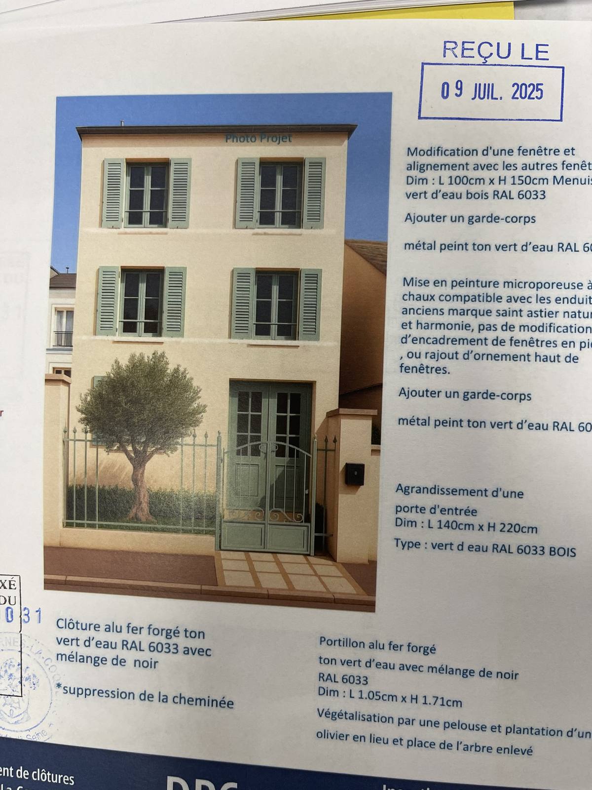 Plan projet de la façade avec teintes et menuiseries